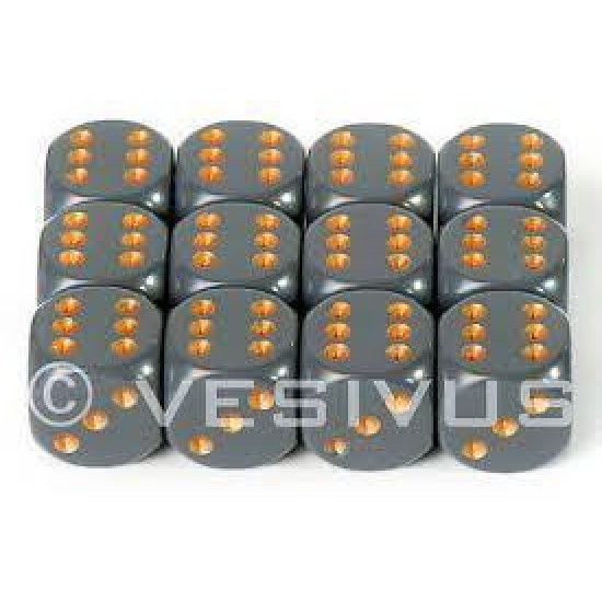Chessex Opaque 16Mm D6 With Pips Dice Blocks (12 Dice) - Dark Grey With Copper