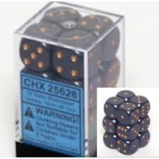 Chessex Opaque 16Mm D6 With Pips Dice Blocks (12 Dice) - Dusty Blue With Gold