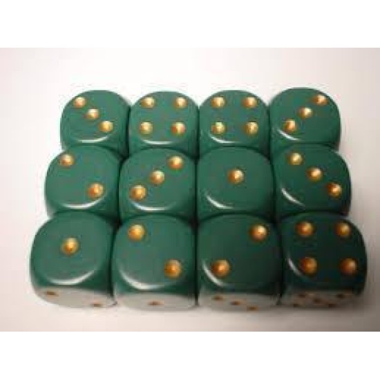 Chessex Opaque 16Mm D6 With Pips Dice Blocks (12 Dice) - Dusty Green With Gold