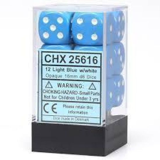 Chessex Opaque 16Mm D6 With Pips Dice Blocks (12 Dice) - Light Blue With White