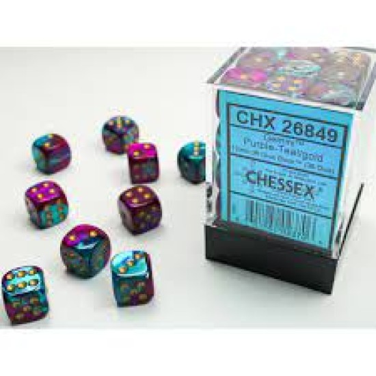 Chessex Gemini 12Mm D6 Dice Blocks With Pips Dice Blocks (36 Dice) - Purple-Teal With Gold