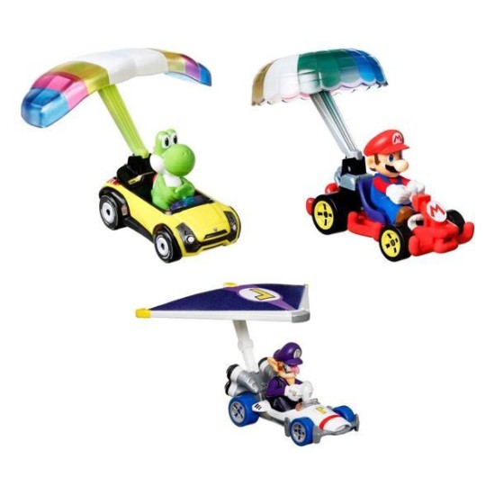 Mario Kart Hot Wheels Diecast Vehicle 3-Pack 1/64 Yoshi Waluigi Mario