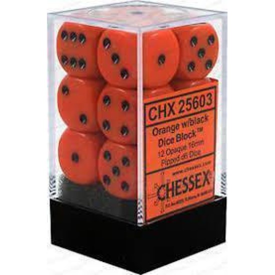 Chessex Opaque 16Mm D6 With Pips Dice Blocks (12 Dice) - Orange With Black