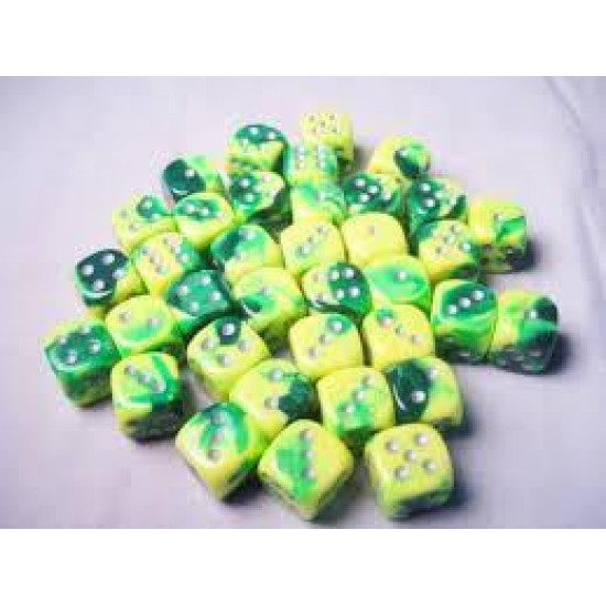 Chessex Gemini 12Mm D6 Dice Blocks With Pips Dice Blocks (36 Dice) - Green-Yellow With Silver