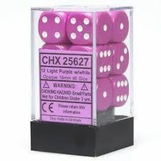 Chessex Opaque 16Mm D6 With Pips Dice Blocks (12 Dice) - Light Purple With White