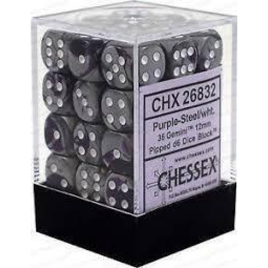 Chessex Gemini 12Mm D6 Dice Blocks With Pips Dice Blocks (36 Dice) - Purple-Steel With White