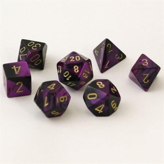 Dice Set Gemi Poly Black-Purple Gold (7)