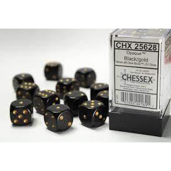 Chessex Opaque 16Mm D6 With Pips Dice Blocks (12 Dice) - Black With Gold