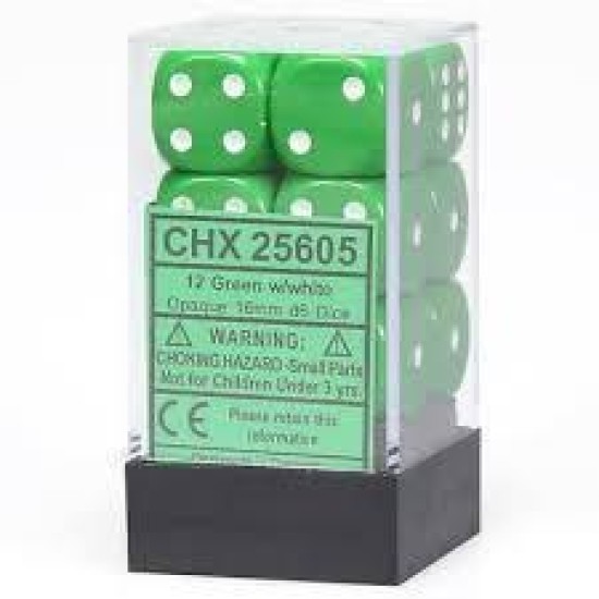Chessex Opaque 16Mm D6 With Pips Dice Blocks (12 Dice) - Green With White
