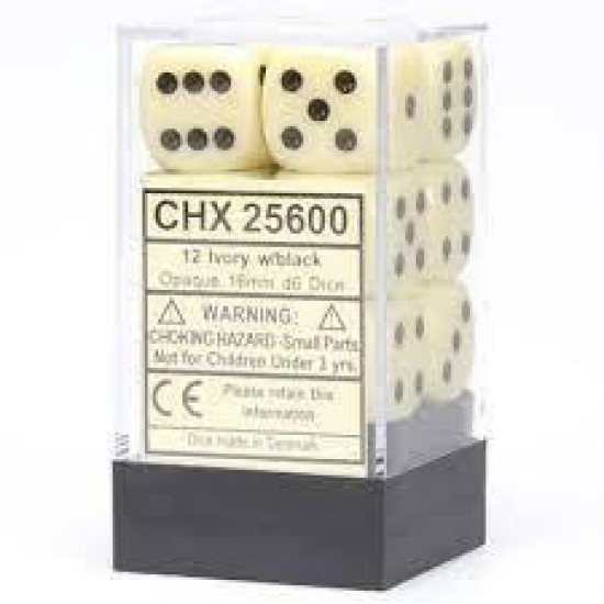 Chessex Opaque 16Mm D6 With Pips Dice Blocks (12 Dice) - Ivory With Black