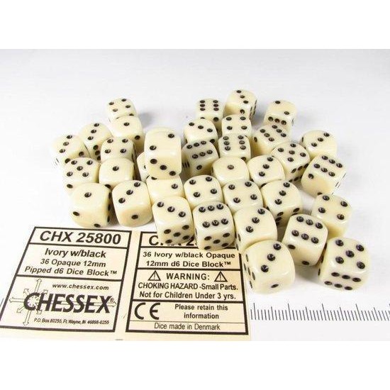 Chessex Opaque 12Mm D6 With Pips Dice Blocks (36 Dice) - Ivory With Black