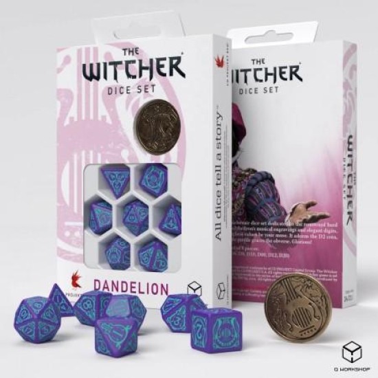 The Witcher Dice Set - Dandelion - Half A Century Of Poetry (7 Stukjes  And  Coin)
