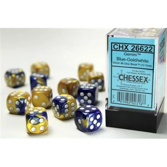 Gemini Blue-Gold/White D6 16Mm Dobbelsteen Set (12 Stuks)