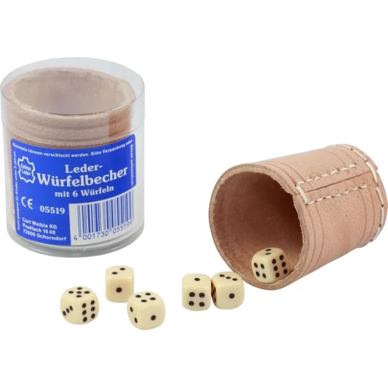 Leren Dobbelbakje Naturel 5 Cm + 6 Dobbelstenen Blik