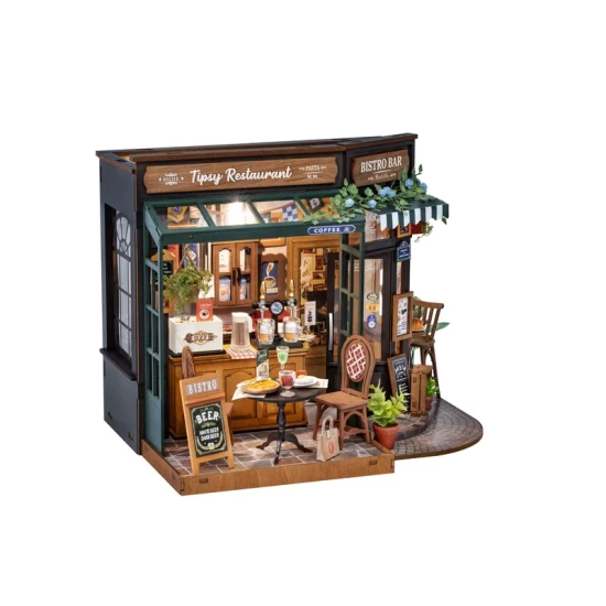 Robotime Diy Huisje Tipsy Restaurant Met Led Verlichting Dg167 18X18X24Cm