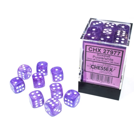 Borealis D6 12Mm Purple/White Luminary Dobbelsteen Set (36 Stuks)