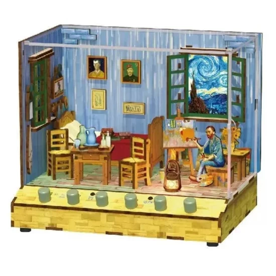 Tonecheer Diy 3D Houten Puzzel Met 6 Verschillende Geluidseffecten En Stofkap Vincents Bedroom Tq401 18145154Cm
