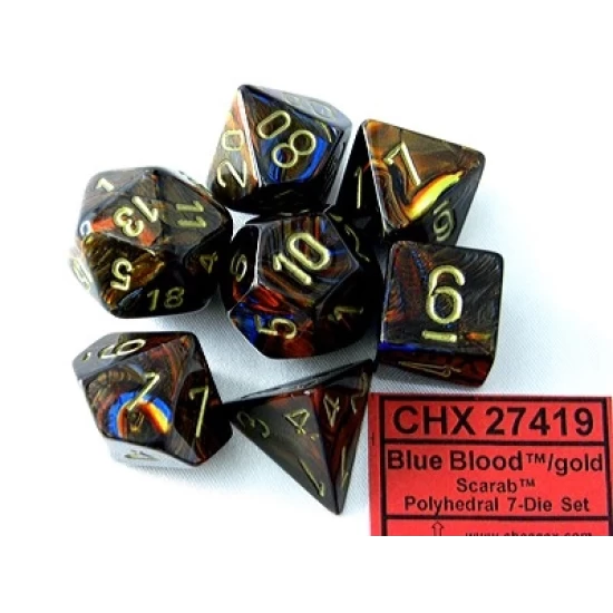 Scarab Blue Blood/Gold Polydice Dobbelsteen Set (7 Stuks)
