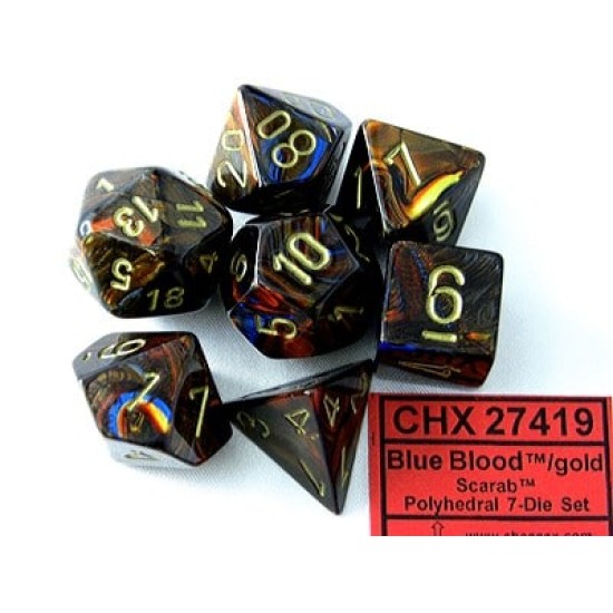 Dice Set Scarab Poly Blue Blood-Gold (7)
