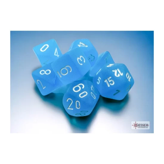 Frosted Mini-Polyhedral Caribbean Blue/White Dobbelsteen Set (7 Stuks)