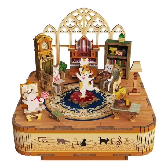 Tonecheer Muziekdoosje Diy 3D Houten Puzzel Cats Family Tq065 14X14X139Cm